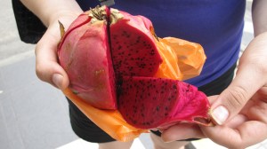 Rob's first dragonfruit - one of many different new fruits he tried.